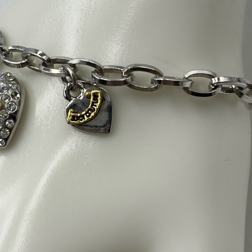 Juicy Couture‎ Chain Bracelet Pave Crystal Silver Gold Tone Puff Heart Charms - Picture 10 of 16